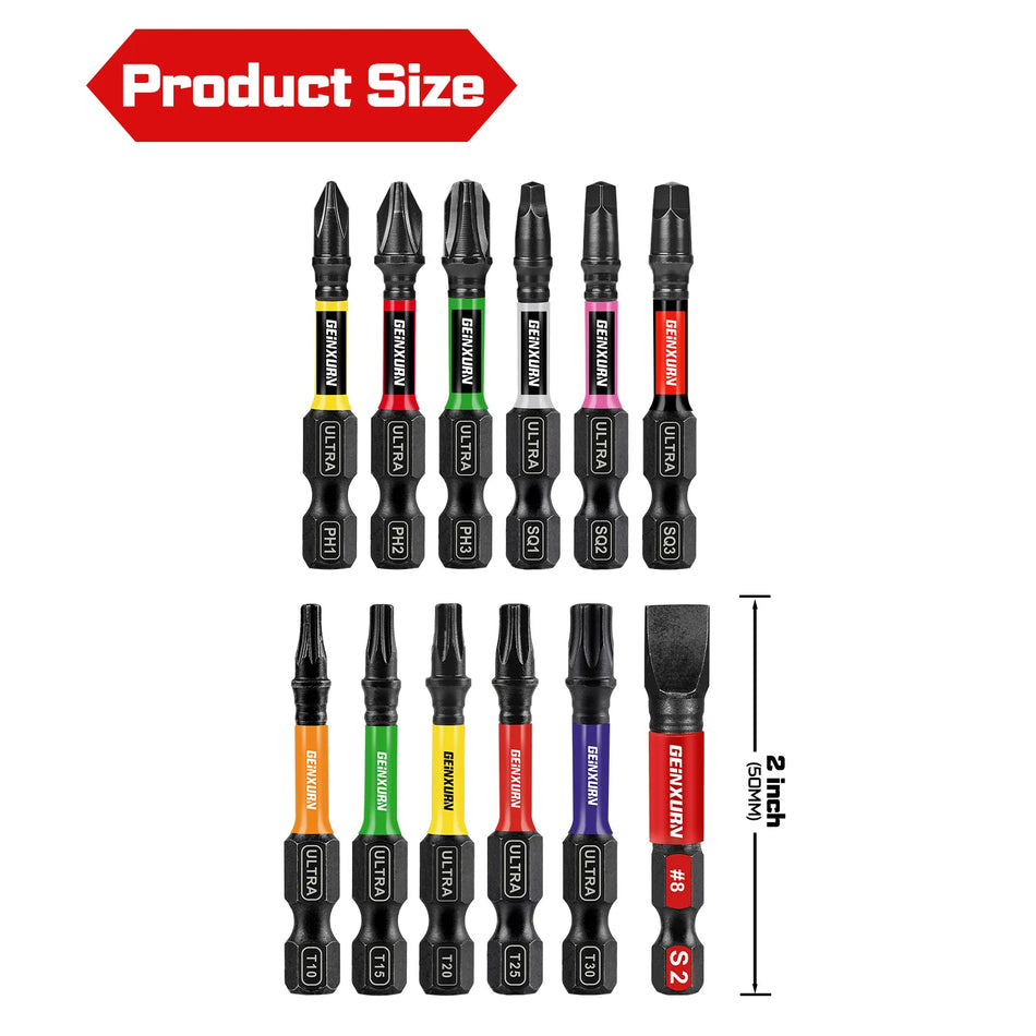13PCS Magnetic Impact Screwdriver Bit Set 2" S2 Steel Drill Bits Kit