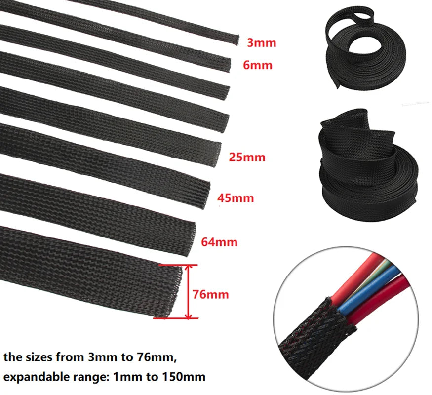 Expandable PET Braided Cable Sleeve – Black Wire Protection Sleeving 4mm–60mm