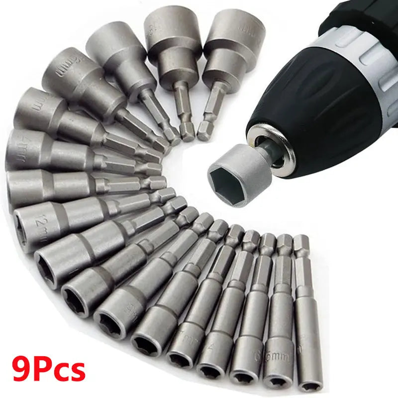 9PCS Magnetic Hex Nut Driver Socket Set 5mm-13mm Drill Bit Adapter Kit