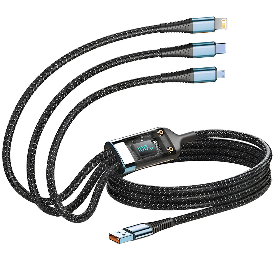 100W 3-in-1 Fast Charging Cable USB-C Lightning Micro USB 1.2M